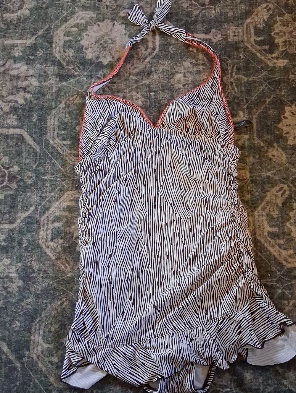 Kenneth Cole Black & White Striped Halter Cami with Coral Trim